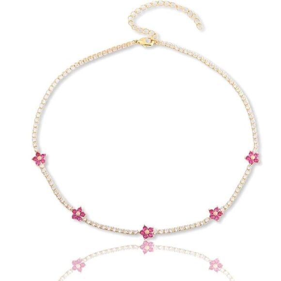 Rosey pink flower sparkly cubic zirconia tennis necklace - Picture 1 of 6